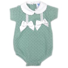 MC705-Sage: Baby Double Bow Knitted Romper (0-9 Months)